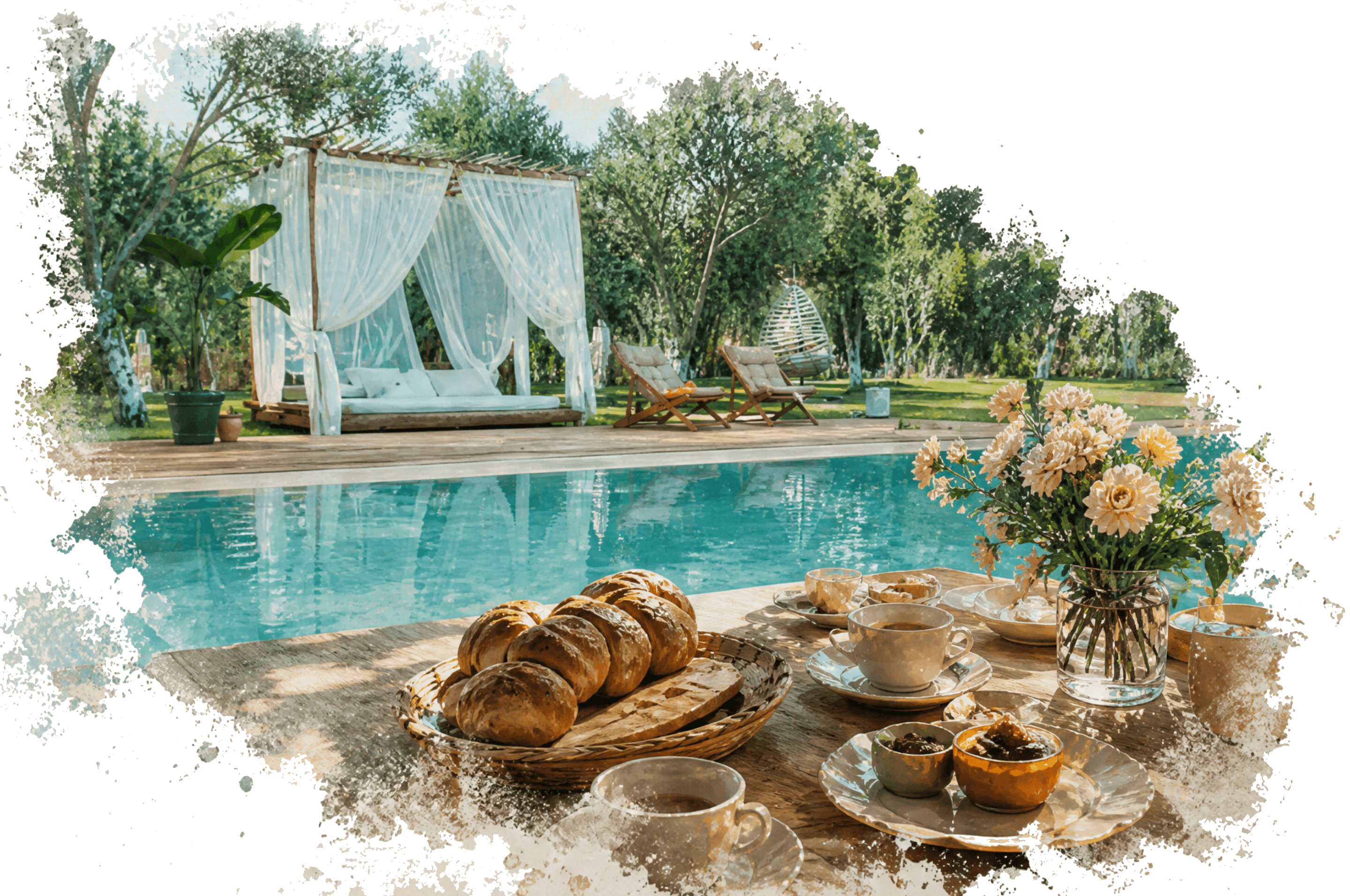 Toscana Garden — bahçede kahvaltı ve havuz